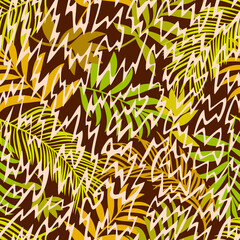 Botanical seamless pattern mixed with zig zag lines texture. Hand drawn exotic twigs, sprigs and leafage. Floral background made of herbal foliage leaves for fashion, textile, fabric.