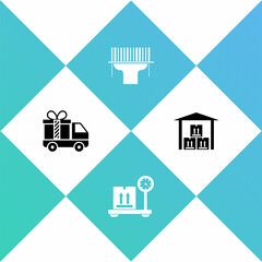 Fototapeta premium Set Delivery truck with gift, Scale cardboard box, Scanner scanning bar code and Warehouse icon. Vector