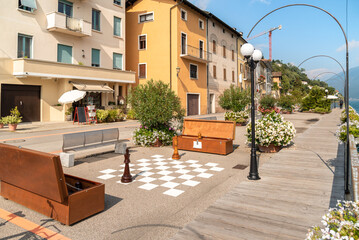 Promenade of picturesque village Morcote on the shore of lake Lugano in Ticino, Switzerland