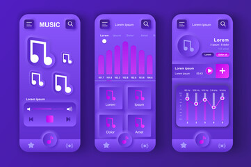 Music player concept neumorphic templates set. Navigation and interface elements with notes symbols, play songs. UI, UX, GUI screens for responsive mobile app. Vector design kit in neumorphism style