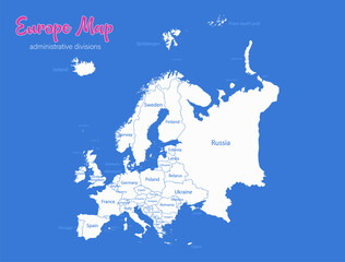 Europe map, separate states whit names, blue background vector