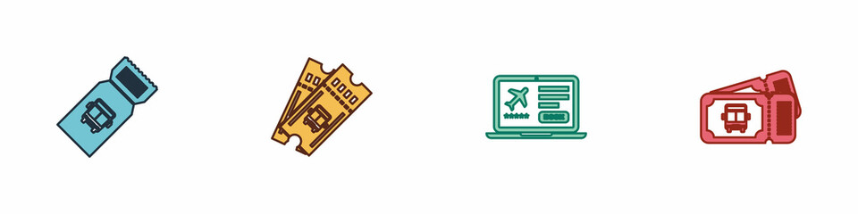 Set Bus ticket, , Laptop with and icon. Vector