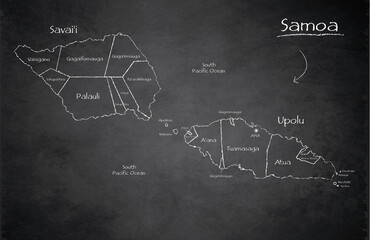 Samoa map, separates regions and names, design card blackboard, chalkboard vector