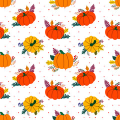 Minimalist style yellow and orange pumpkins with leaves amidst colorful dots forming seamless pattern on white background