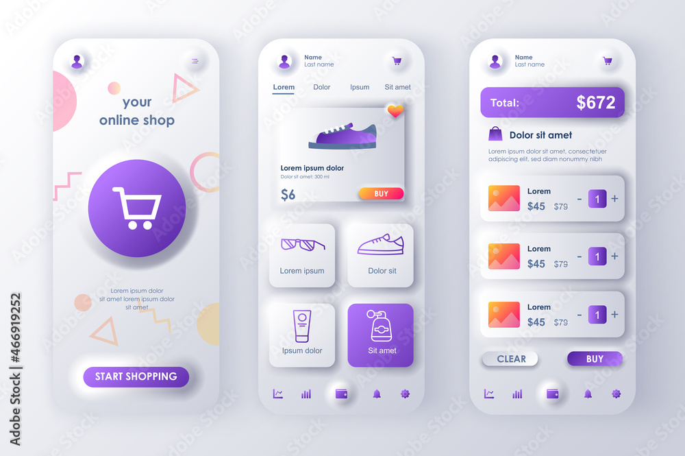 Poster online shopping concept neumorphic templates set. store website with products, marketplace at mobile