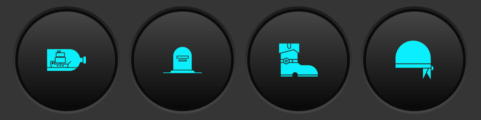 Set Bottle with ship inside, Tombstone RIP written, Leather pirate boots and Pirate bandana for head icon. Vector