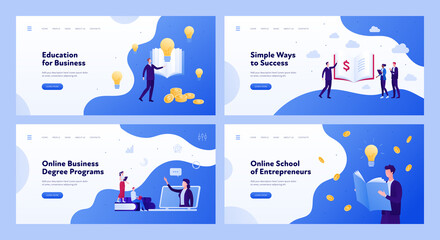 Obraz na płótnie Canvas Online education for business concept. Horizontal banner template. Vector flat modern illustration set. Collection of layout with male and female businessman. Money, laptop, lightbulb, book symbol.