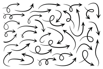 Hand drawn curved arrows . Sketch doodle style. Collection of vector pointers.