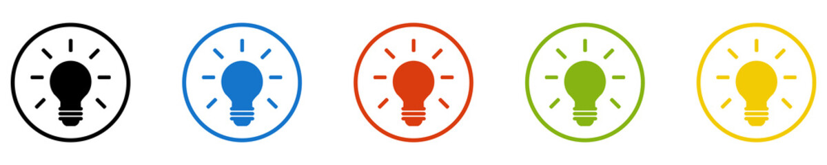 Bunter Banner mit 5 farbigen Icons: Glühbirne, Idee, Kreativität oder Lösung