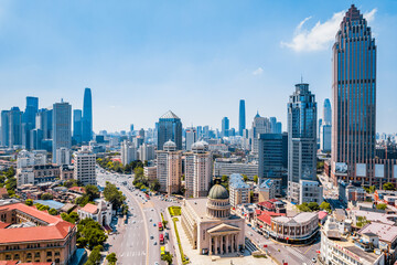 Aerial view of Xiaobailou and city skyline in Tianjin Concert Hall, Tianjin, China © Govan