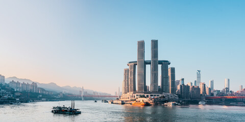 Early morning scenery of Chaotianmen Pier in Chongqing, China