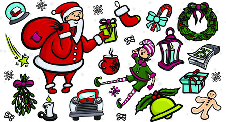 set of funny cartoon christmas characters and elements