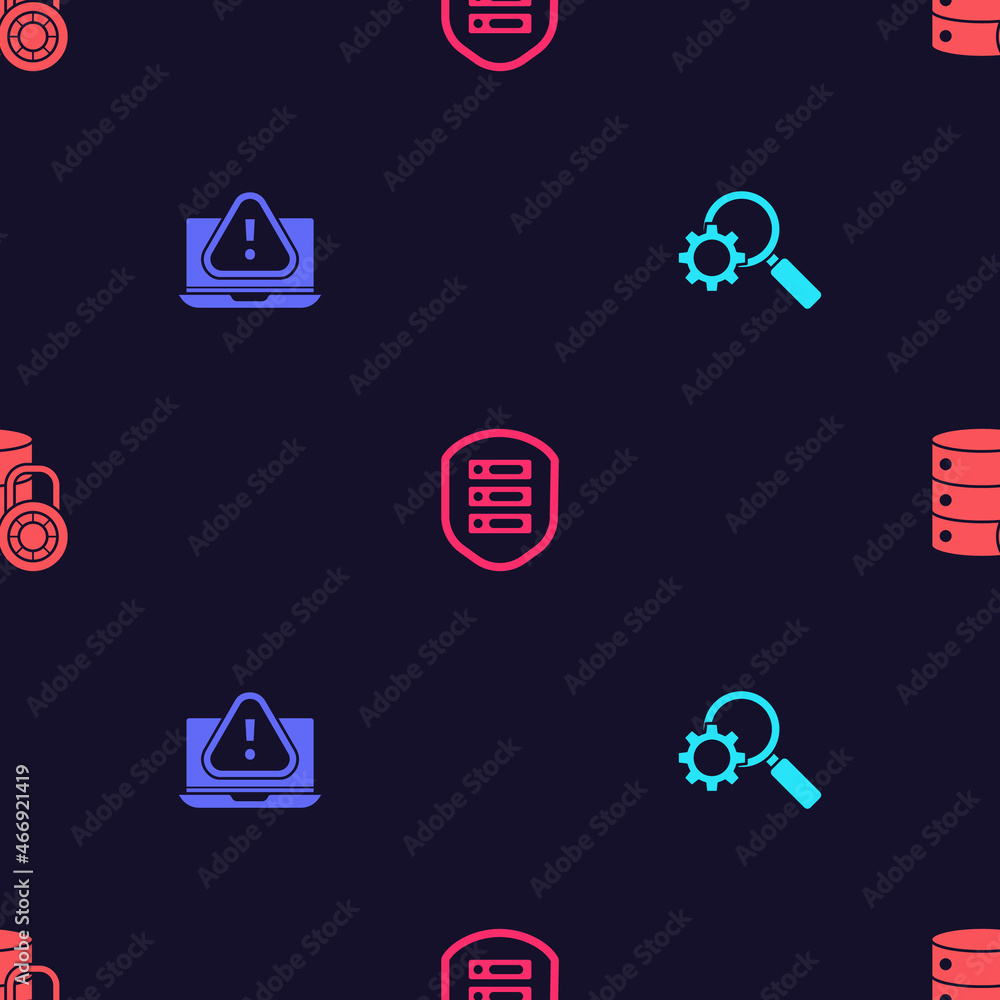 Poster set magnifying glass and gear, laptop with exclamation mark, server shield and security lock on seam