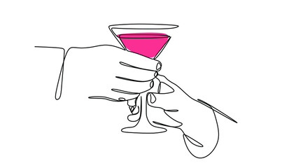 continuous drawing with one line in a man's hand and a woman's boho-style glass