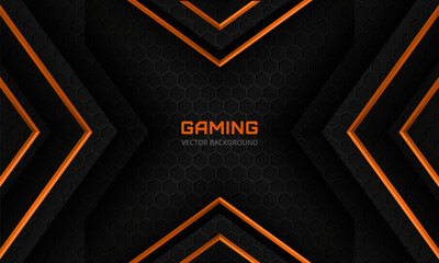 Futuristic black and orange abstract gaming banner design template with hexagon carbon fiber. Dark tech hexagonal concept vector background for game banner and cyber sport poster. © Biod
