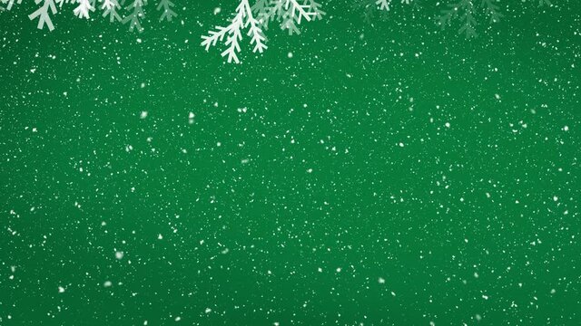 Animation of snow falling over christmas decorations on green background