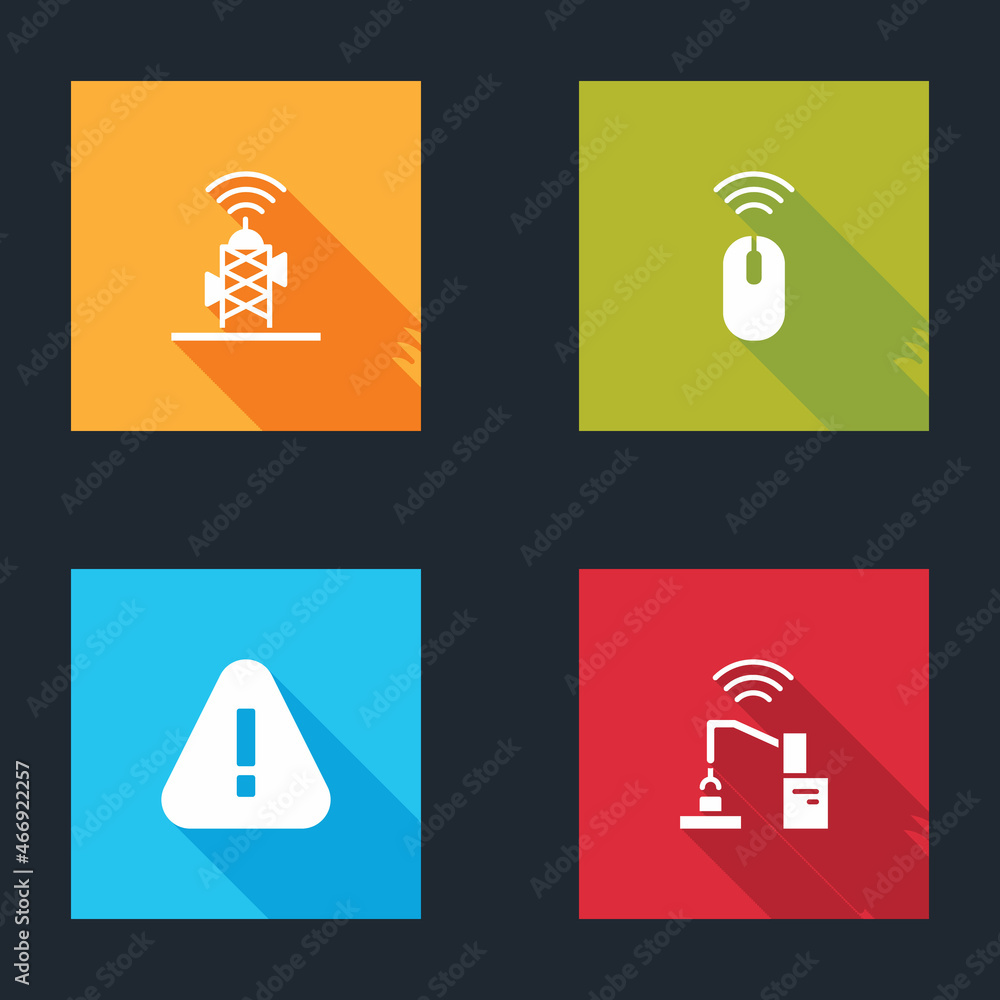 Poster set wireless antenna, mouse, exclamation mark in triangle and robotic robot arm hand factory icon. v
