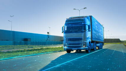 Advanced Technology Concept: Big White Semi-Truck with Cargo Trailer Drives on the Road is...