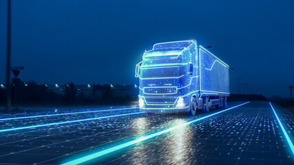 Futuristic Technology Concept: Autonomous Semi Truck with Cargo Trailer Drives at Night on the Road with Sensors Scanning Surrounding. Special Effects of Self Driving Truck Digitalizing Freeway © Gorodenkoff