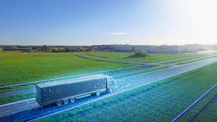 Futuristic High-Tech Concept: Big Semi Truck with Cargo Trailer Drives on the Road is Transformed...