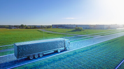 Advanced High-Tech Concept: Big Semi Truck with Cargo Trailer Drives on the Road is Transformed...