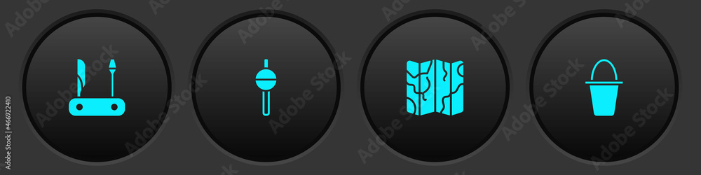 Poster set swiss army knife, fishing float, folded map and bucket icon. vector