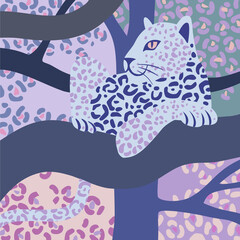 Leopard lying on a tree branch looking left. Vector wildlife illustration. Wild animal background in trendy flat cartoon design.