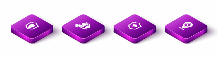 Set Isometric Life insurance with shield, House, Graduation cap and Location icon. Vector