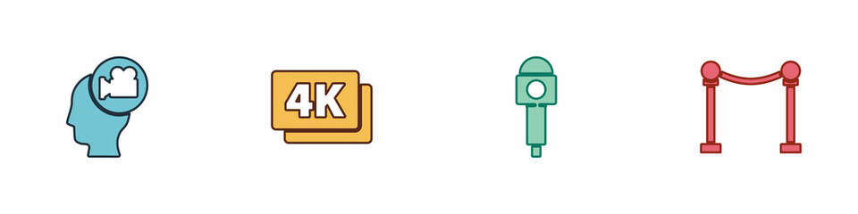 Set Head with camera, 4k Ultra HD, Microphone and Rope barrier icon. Vector