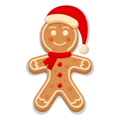 Gingerbread man in santa hat and scarf.  Christmas icon. Sweet homemade glazed biscuit.