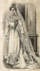 Fototapeta na wymiar Bride wearing vintage wedding dress fashion engraving Paris