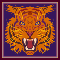 Scarf pattern design with tiger head. Background with african animal. Can be used for logo, sign, icon card, Bandana print, kerchief design, napkin.