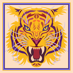 Scarf pattern design with black night tiger head. Background with wild animal. Can be used for logo, sign, icon card, Bandana print, kerchief design, napkin.