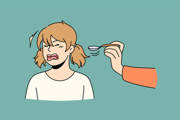 Problems with appetite children concept. Irritated stressed small girl cartoon character refusing to eat food from spoon from hand vector illustration 