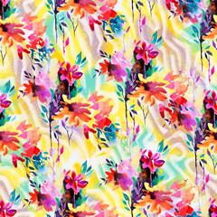 Watercolor meadow flowers in bloom. Seamless pattern made of summer blurred flowers mixed with abstract wavy lines texture. Sophisticated fashion background designed for fabric and textile.