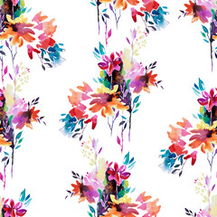Abstract watercolor florals in bloom. Seamless pattern made of blurred flowers isolated on white. Summer nature background made of bouquets of garden flowers and plants. Design for fabric and textile.