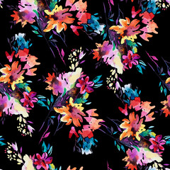 Abstract watercolor florals in bloom. Seamless pattern made of blurred flowers. Summer nature background made of bouquets of garden flowers and plants. Fashion design for fabric and textile, wrapping.