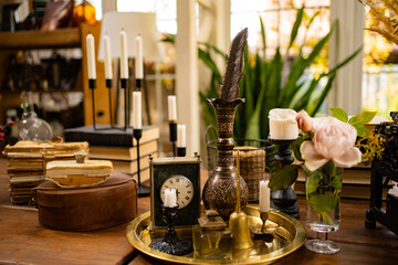 table decor in retro style. collecting vintage items. 