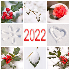 2022, snow and winter red and white nature photos collage, new year greeting card