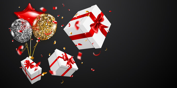 Vector illustration with three white gift boxes with red ribbons and bows, golden and silver balloons and small blurry pieces of serpentines on black background
