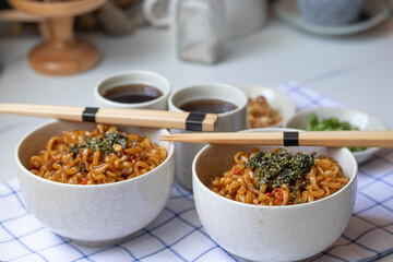 Korean hot and spicy instant noodle and seaweed