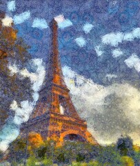 France, Paris painting art. Big sie, adaptive for print or graphic work. Postcard, poster, wall art template. Stylized in Vincent Van Gogh paintings style. Europe touristic place. Traveling artwork. © Katsiaryna