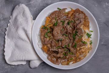 Sliced pork over rice with Japanese Teriyaki sauce menu in Korea and Japanese restaurant.