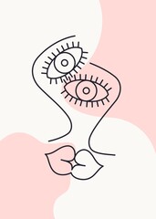 Kiss. Line art abstract faces. Relationships between people. Contemporary minimal style graphics. Vector illustrations. .