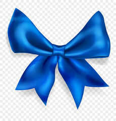 Beautiful big bow made of blue ribbon with shadow, isolated on transparent background. Transparency only in vector format