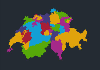 Infographics Switzerland map, flat design colors, individual regions, blue background blank