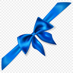 Beautiful blue bow with diagonally ribbon with shadow, isolated on transparent background. Transparency only in vector format