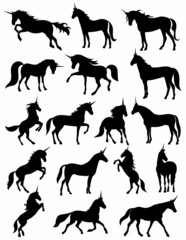 unicorns set silhouette, isolated, vector