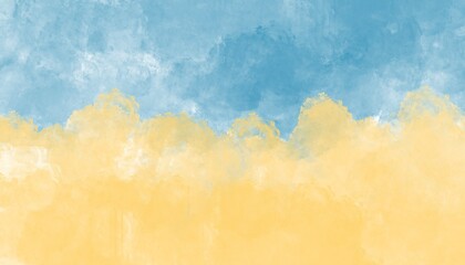 Blue and yellow watercolor background with clouds. Wallpaper art.