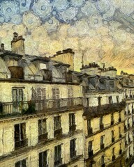 Naklejka premium France, Paris painting art. Big sie, adaptive for print or graphic work. Postcard, poster, wall art template. Stylized in Vincent Van Gogh paintings style. Europe touristic place. Traveling artwork.